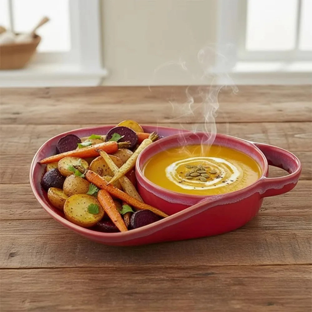Unique Ceramic Vintage Separated Fruit Salad Plate with Handle Heat-resistant Sandwich Plate Kiln-change Glaze Dinner Dish Hotel
