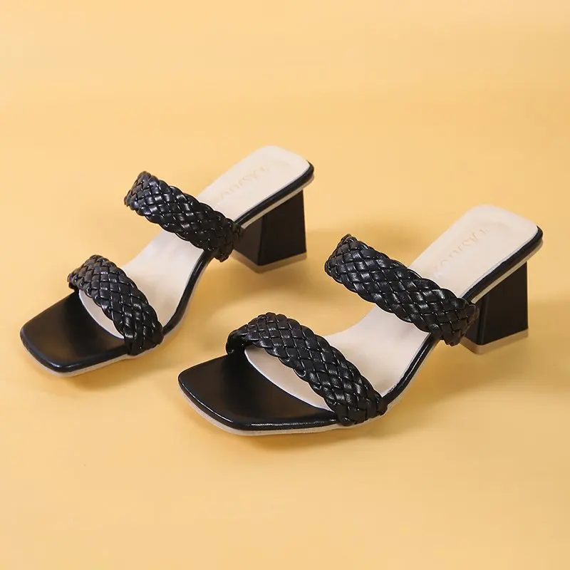 Outer Wear Fairy Wind Woven Large Size Sandals and Slippers Women\'s 2022 Summer New Thick Heels Gentle Wind High Heels Women