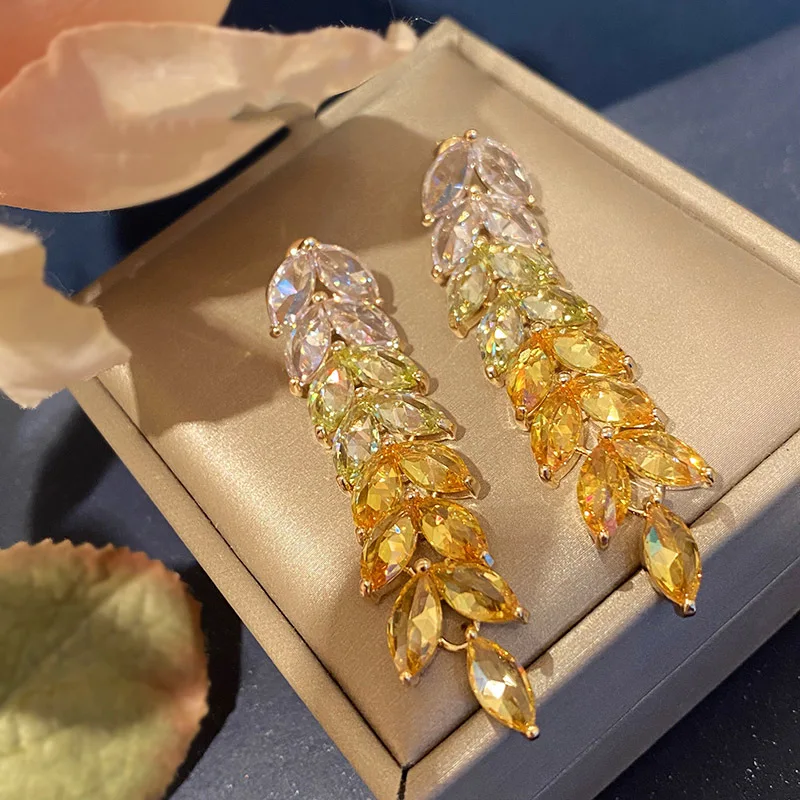 Gradient color golden wheat ears long temperament tidal tidal silver pinhin earrings leaf leaves light luxury summer season