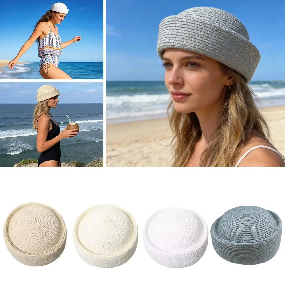 Polyester Summer Beret For Women Straw Look Pillbox Hat Japanese Retro Woven Concave Top Sun Hat Breathable Painter Cap Hat Girl