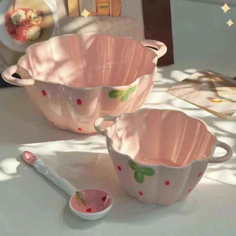 

Strawberry Double Ear Ceramic Bowl,Cream 6.5-inch 9.5-inch Soup Bowl with Handle Home,Dessert Fruit Microwave Oven Bowl Gift