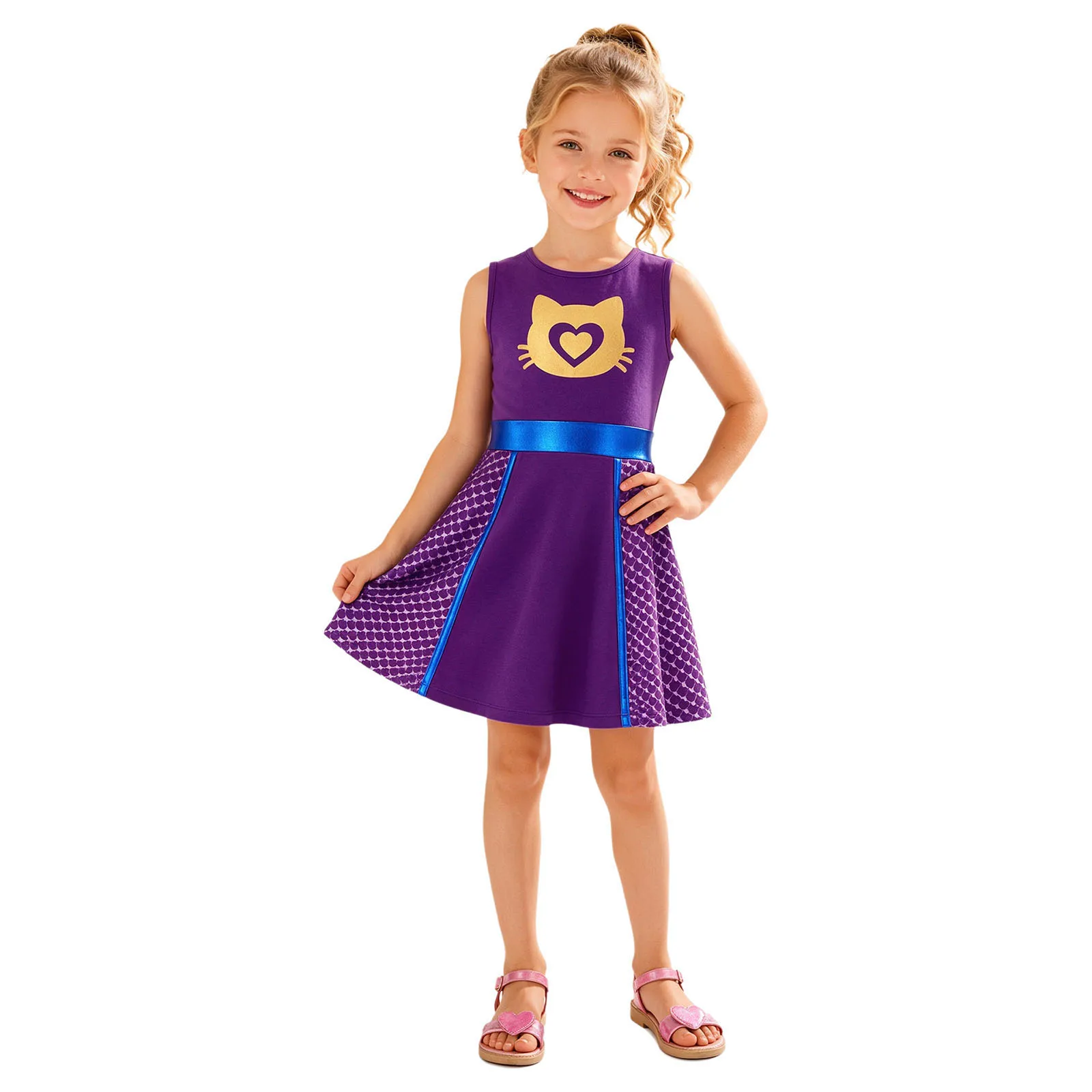 Kid Girls Movie Character Dress Up Costume Sleeveless Metallic Waist Cute Cat Printed Dress for Birthday Party Halloween Cosplay