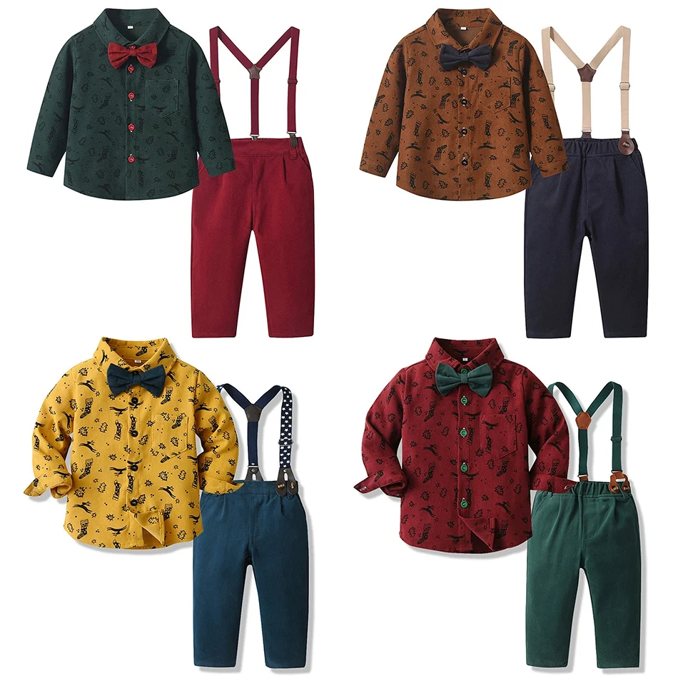 

Autumn Christmas Print Bow Outfit Boys Long Sleeve Xmas Cartoon Shirt Overalls Set Children Festival Carnival Event Formal Suits
