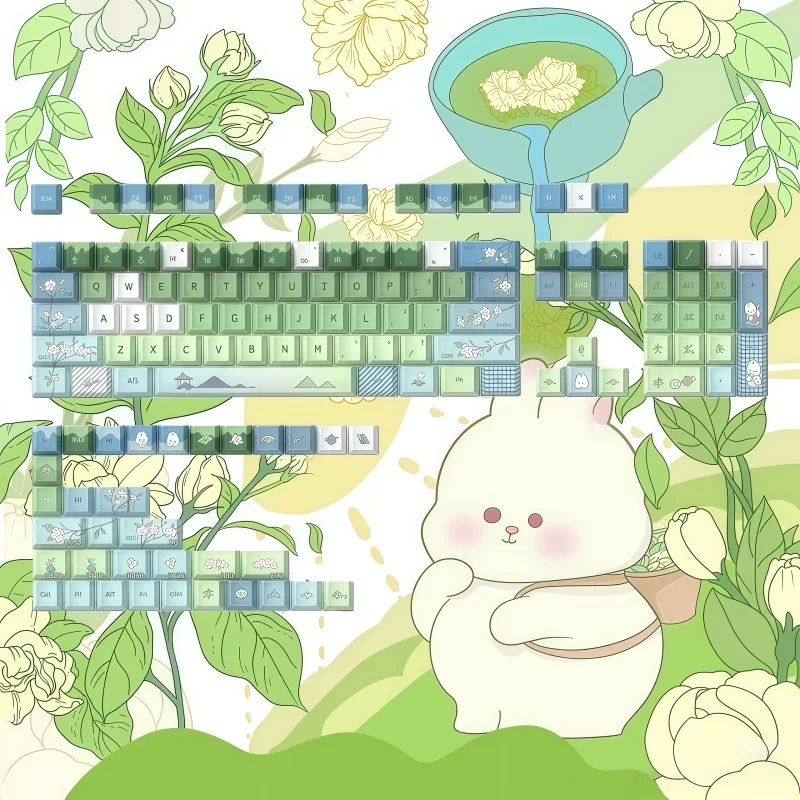 

Колпачки для клавиш с жасминовым чаем и кроликом, оригинальный вишневый высокоперсонализированный индивидуальный материал PBT, пятисторонняя термосублимация, полный набор