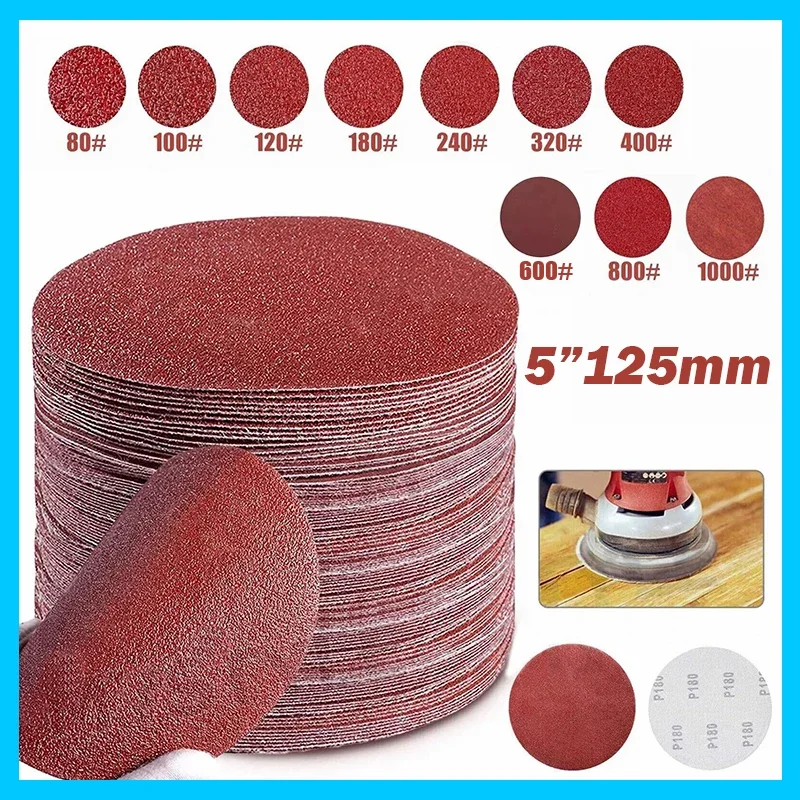 10/20/30/50Pcs 5 inch 125mm Sanding Disc Sandpaper 80 Grit - 1000 Grit Hook&Loop No holes Sander Pads