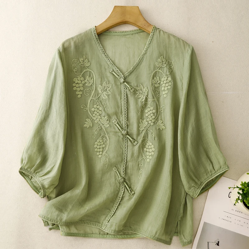 Chinesischen Stil frauen Kleidung Blusen Vintage Gestickte Shirts Lose Sommer Kleidung Kurzarm Baumwolle Leinen Frauen Tops