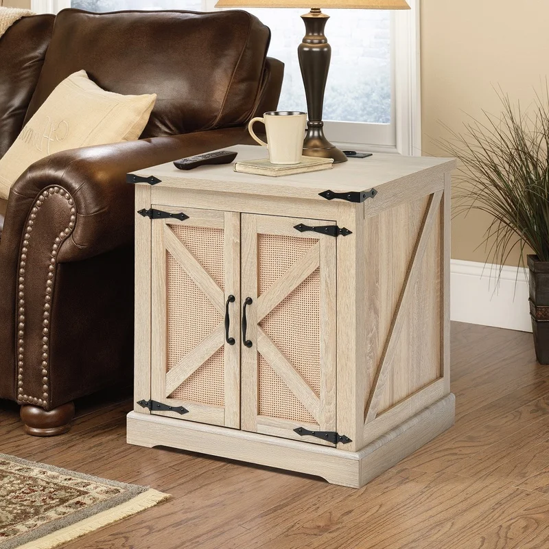 Farmhouse PE rattan coffee table featuring embedded power outlets and dual lift top