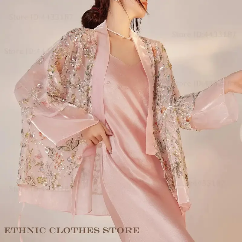 

qa156Японское женское кимоно, кардиган, хаори юката, топ, роскошное сетчатое пальто с вышивкой и блестками, ретро китайская сатильская куртка, рубашка