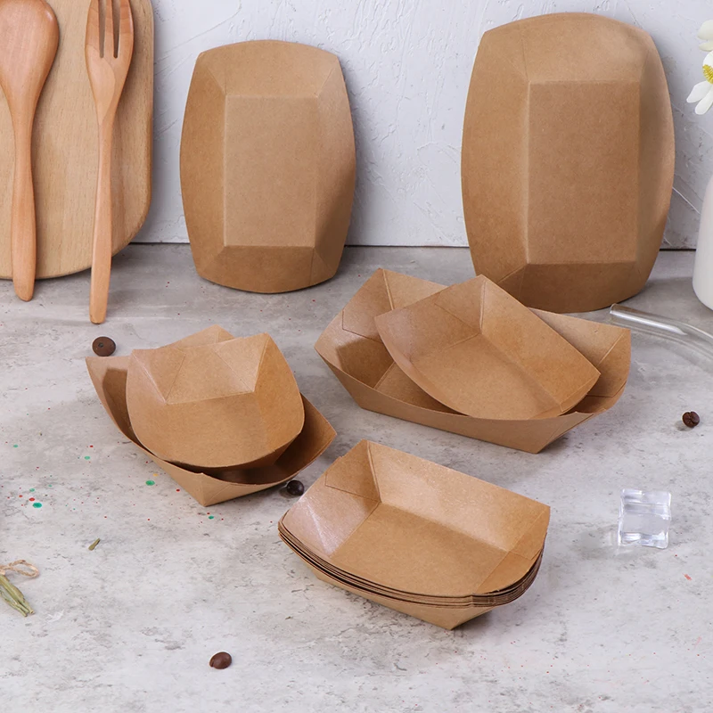 10Pcs Kitchen Disposable Snack Bowls Pastry Bags Kraft Paper Dessert Cake Food Tray Oilproof Cardboard Bowls Party Tableware