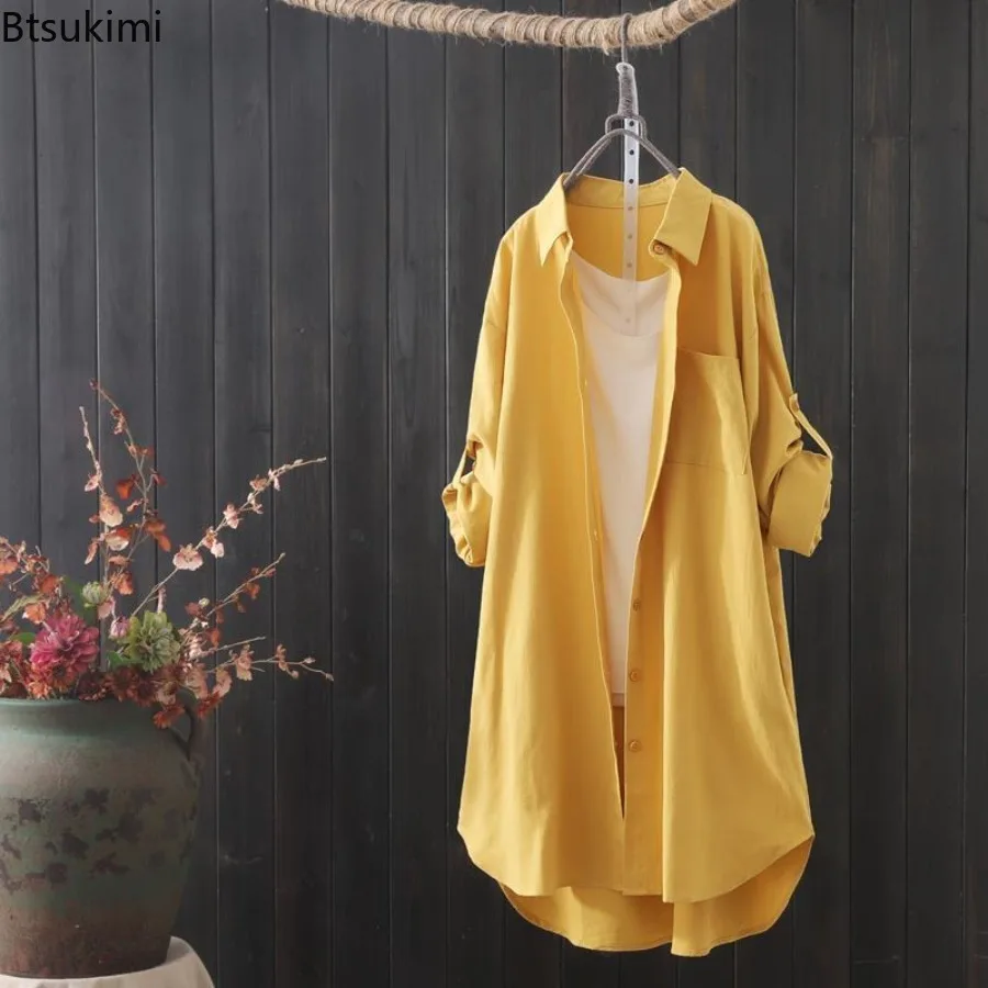 2025 Female Long Sleeved  Loose Breathable Blouses Midi Shirt Korean Casual Autumn Shirts Women Simple Solid Plus Size Shirts