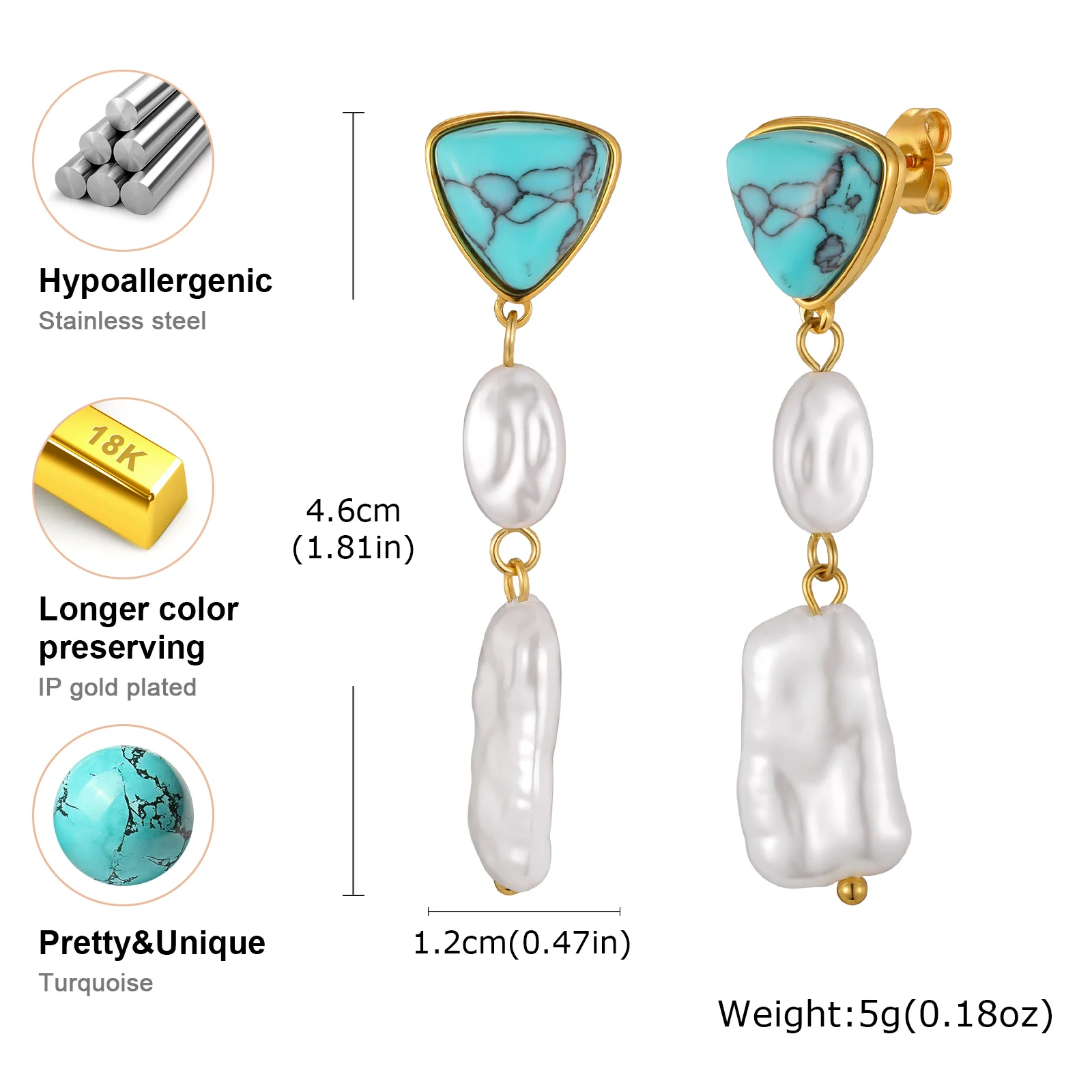 French Luxury Stainless Steel Turquoise Stone Irregular Pearl Long Dangle Earring for Women,Fashion Party Wedding Jewelry