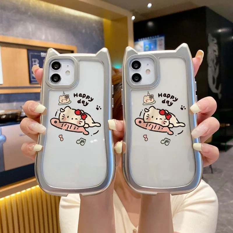 헬로키티 TPU 소프트 케이스 전기 도금 실버 고양이 귀 클리어 폰 케이스 아이폰 17 프로 맥스 16 15 14 13 12 11용