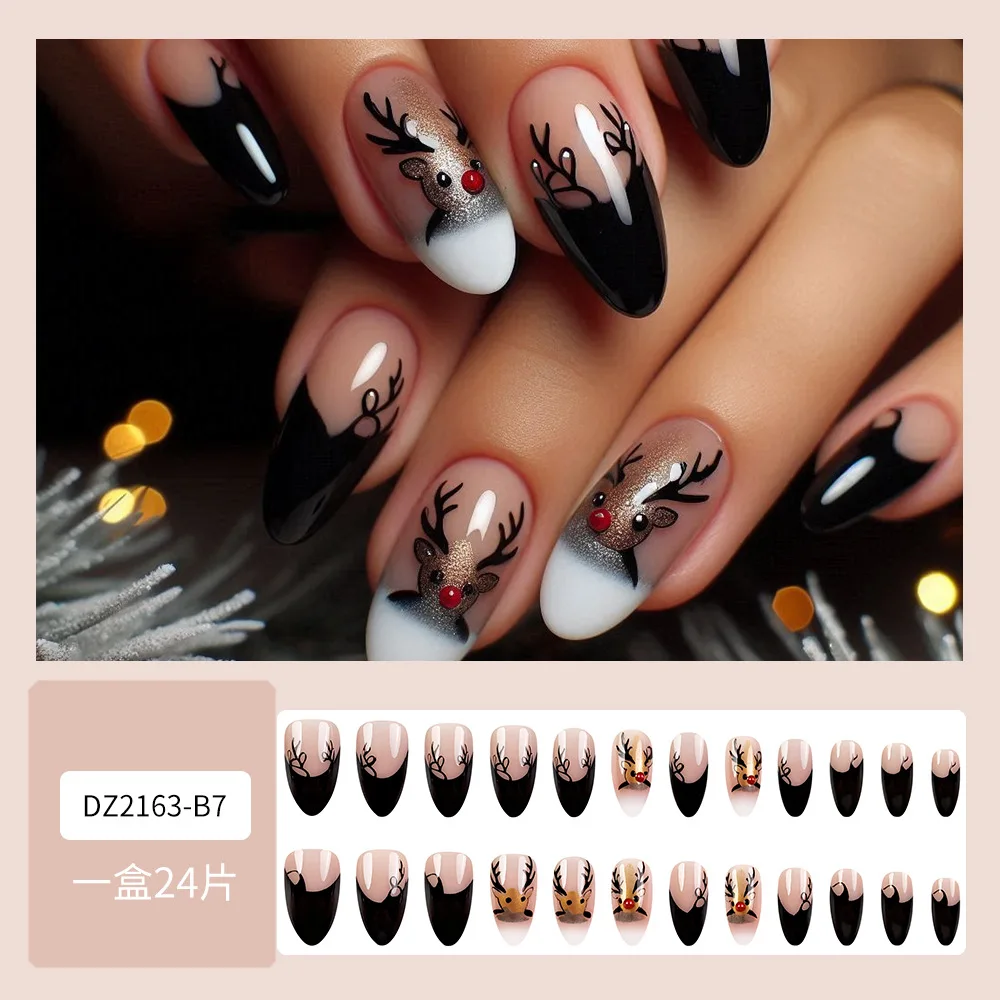 Faux ongles courts à pression de noël en amande, 24 pièces, strass, vacances, colle sur couverture complète, ongles artificiels pour femmes