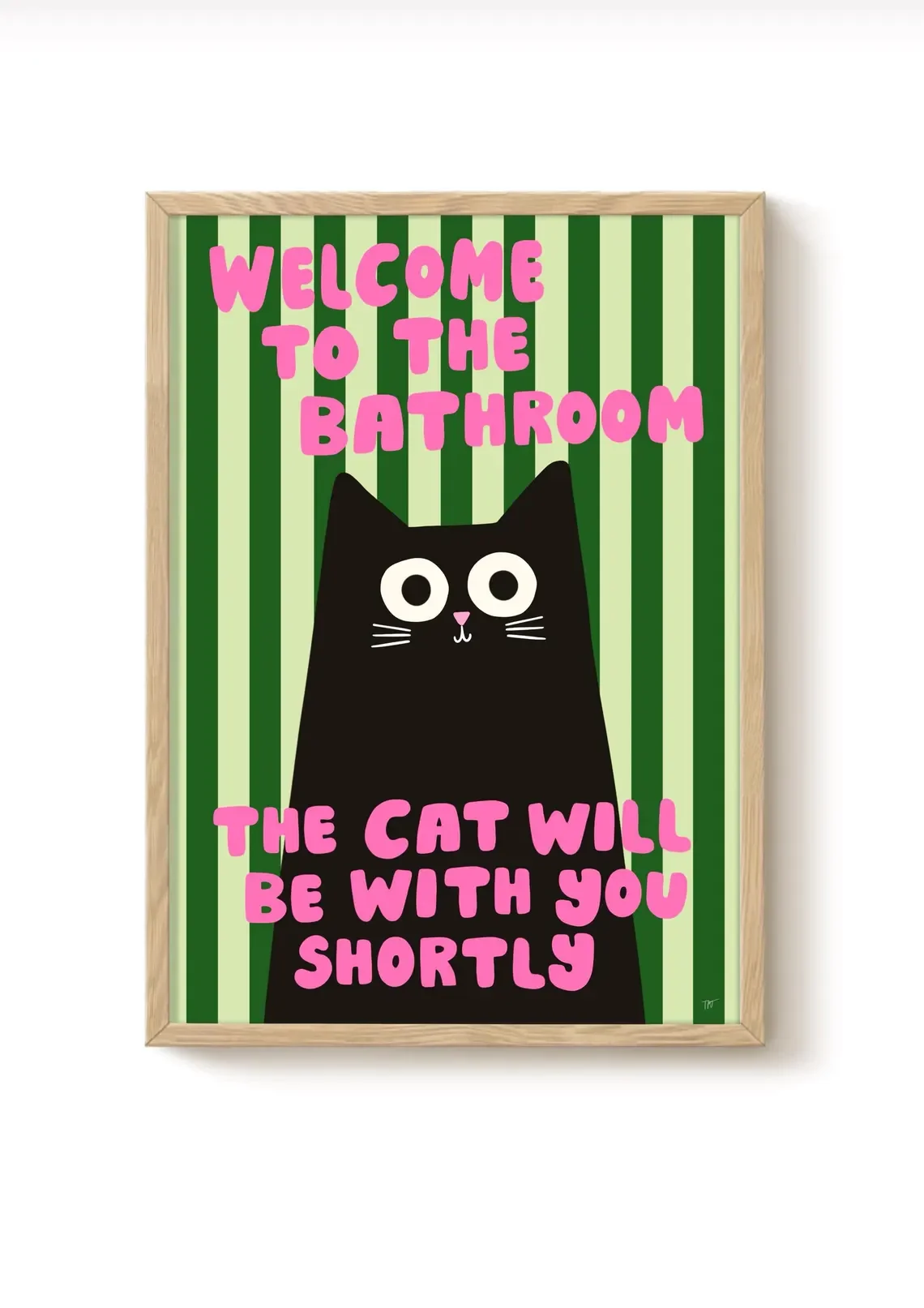 Verspielte Wandkunst mit schwarzer Katze für das Badezimmer – gestreiftes Poster mit der Aufschrift „Willkommen im Badezimmer“ mit leuchtenden rosa und grünen Farben, perfekt für den Haushalt