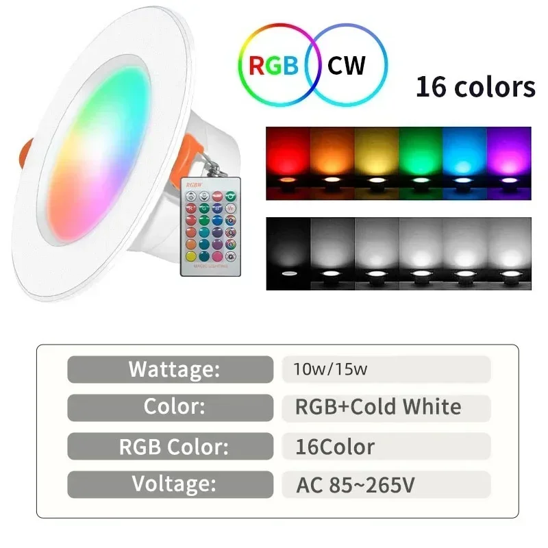 

Умный светодиодный потолочный светильник 10W/15W RGBCW с изменением цвета, диммируемый, встраиваемый, круглый точечный светильник с пультом ДУ для помещений