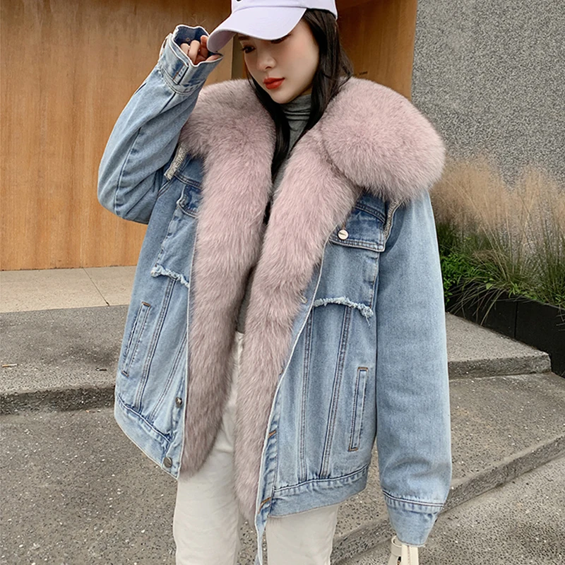 2023 Denim Jacket Women's Winter New Korean Short Casual Fox Fur Collar Down Parka Single-Breasted Real Fur Coat Removable Inner