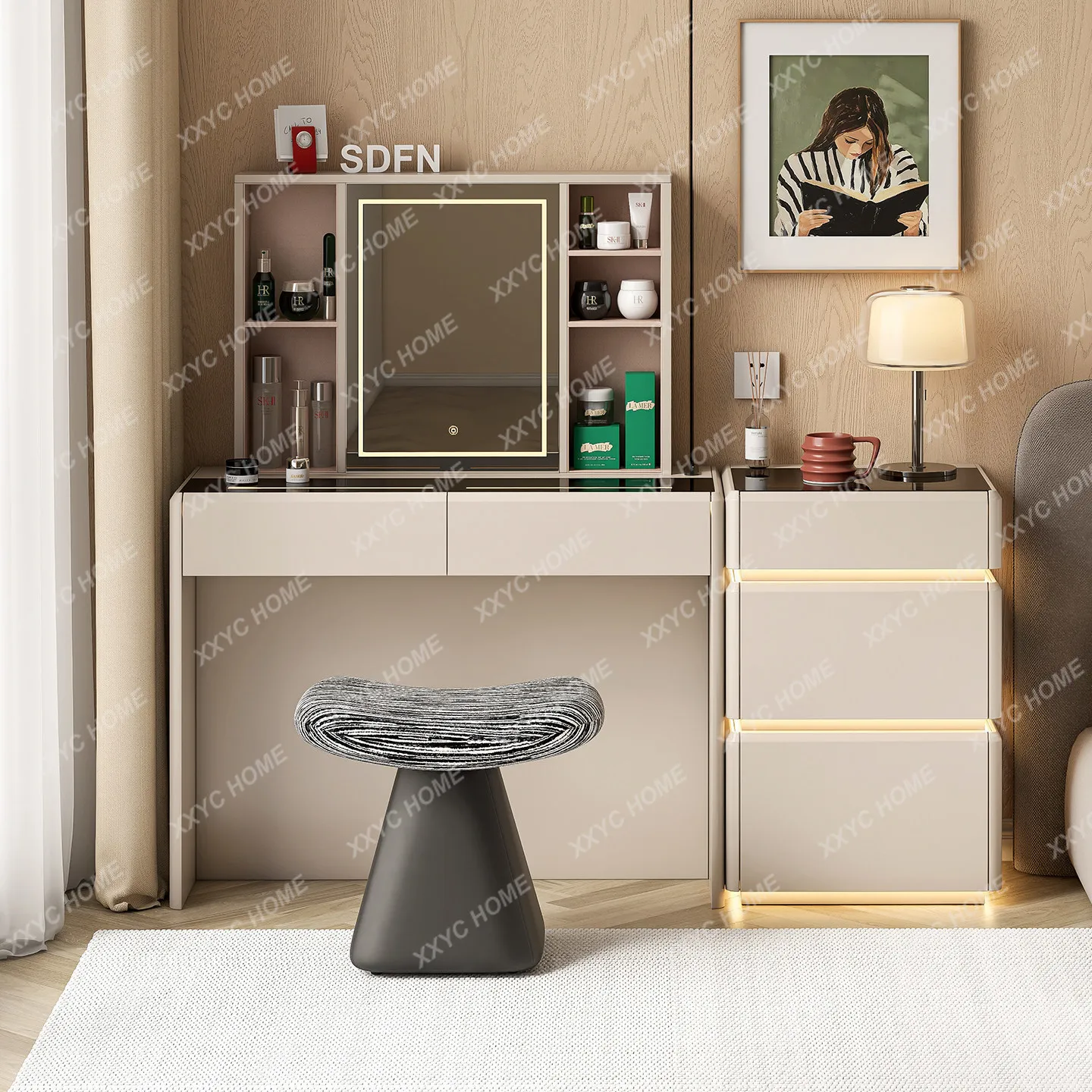 Bedroom solid wood bedside table dresser minimalist retractable chest dresser integrated makeup table