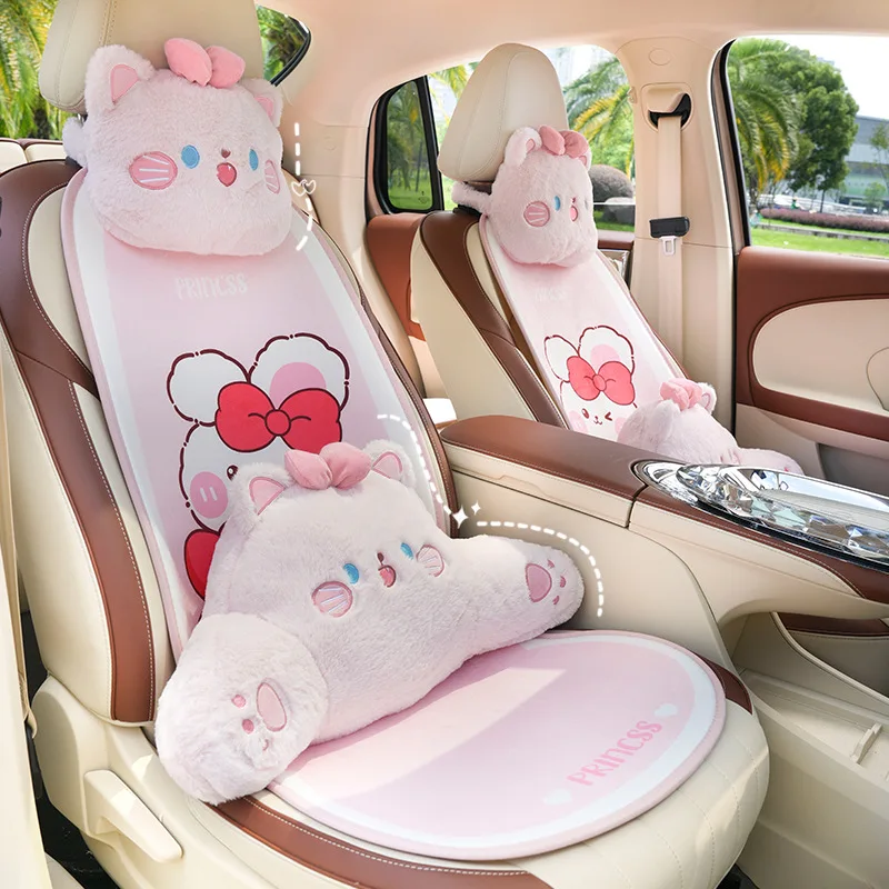 2023 New Plush Cartoon Bowknot Rabbit Four Seasons Universal Lumbar  Car Waist Neck Pillow Headrest Car Interior Ornaments