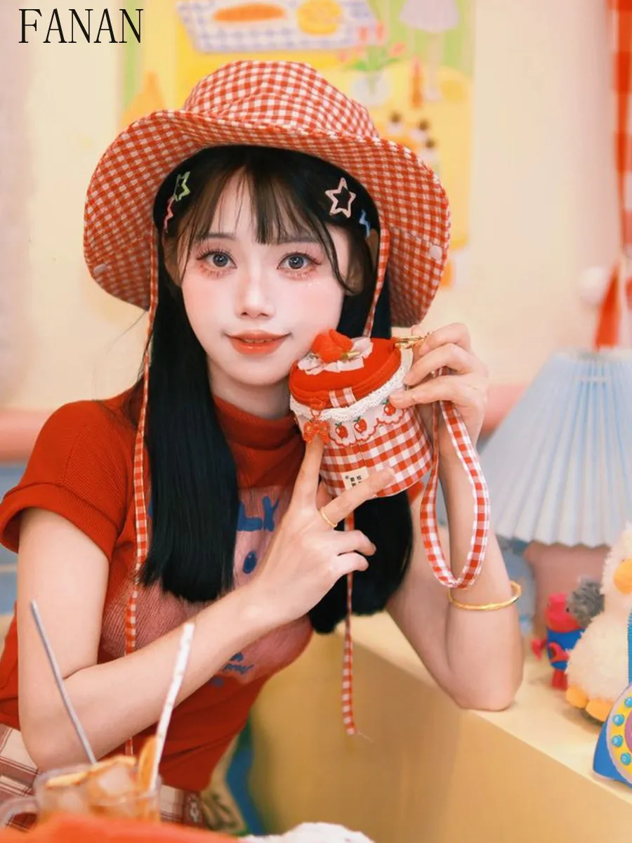 Women's Sweet Strawberry Embroidery Crossbody Bag Red Gingham Plaid Cylinder Purse with Lace Trim Girls' Kawaii Handbags