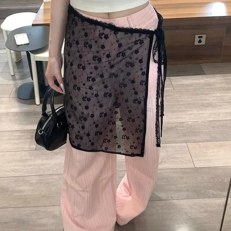 Lace Bustier Fart Curtain Women Spring Summer Fashion Irregular Hollow Tie Skirts Cover Flower Decoration Jeans Accessories