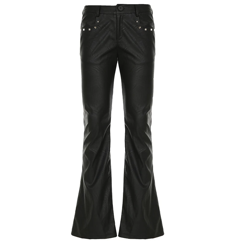 Punk Dark Lace Splicing Slit Women's Bell-bottoms Autumn New Design Black Buckle Strap Sweet Cool Hot Girl Leather Pants Ladies