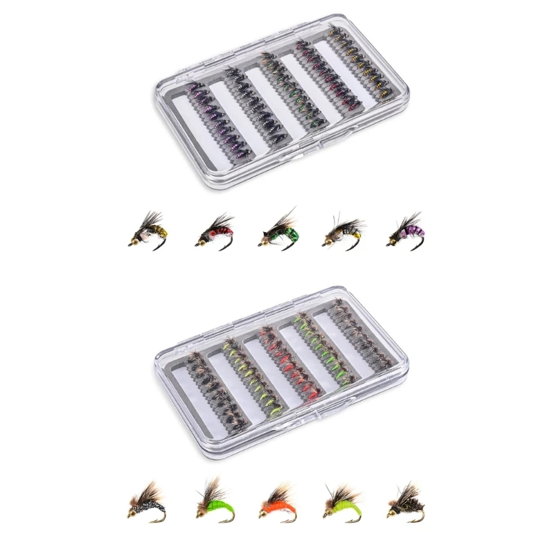 50Pcs Insect Flies Fly Fishing Lures Kits Dry/Wet Baits Fly Lures Hook for Bass Trout Fly Fishing with Sharpened Hook Dropship