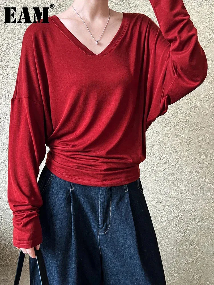 [EAM] Women Wine Red Apricot Elegant Big Size T-shirt New V-Neck Long Batwing Sleeve Fashion Tide Spring Autumn 2024 1DH7029