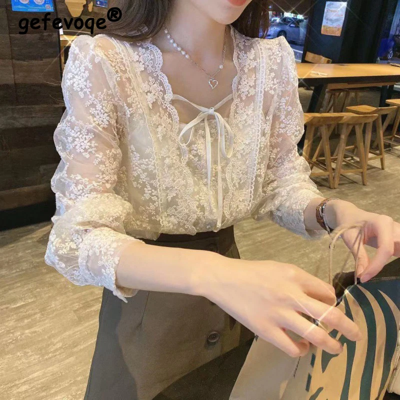 New French Women Square Collar Floral Lace Fairy Blouse Spring Autumn Casual Loose Tops Sweet Long Sleeve Lace-up Vintage Shirts