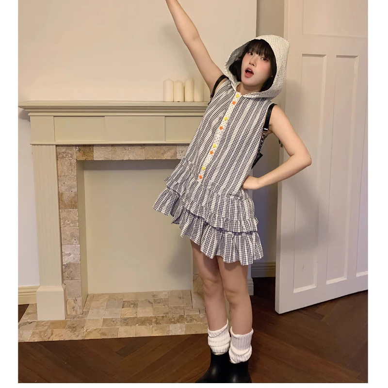 New Plaid Polka Dot Hooded Women's Dress Original Hem Fluffy Cute Small Flower Buttons Age-reducing Sleeveless Dresses Ladies