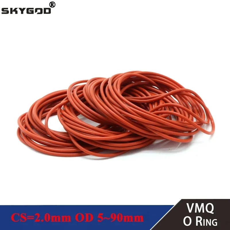 10Pcs VMQ O Ring Gasket CS 2mm OD 5 ~ 90mm Waterproof Washer Silicone Rubber Insulate Round O Shape Seal Red Food Grade