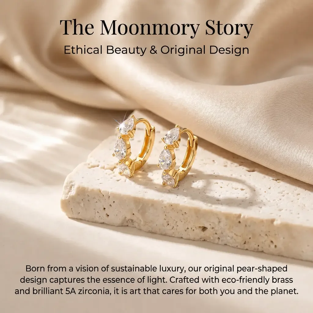 Moonmory Einfache Luxus Umweltfreundliche Messing Dreifach-Birnen-Huggie-Creolen für Damen 18K Vergoldete Ohrringe 5A Zirkon – Detail 1