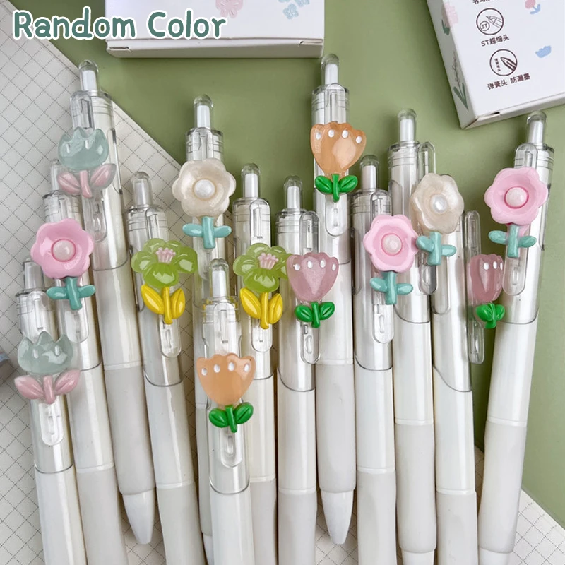 Mini canetas de gel flor fofas, tinta preta, canetas neutras, artigos de papelaria estilo kawaii coreano, artigos de escrita, material escolar e de escritório