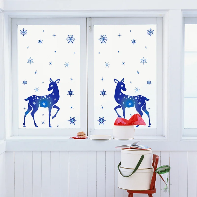 عيد الميلاد ملصقات نافذة الأيائل الأزرق ندفة الثلج لتقوم بها بنفسك الجدار ملصق مائي 2024 زينة عيد الميلاد للمنزل 2025 السنة الجديدة الحلي الهدايا
