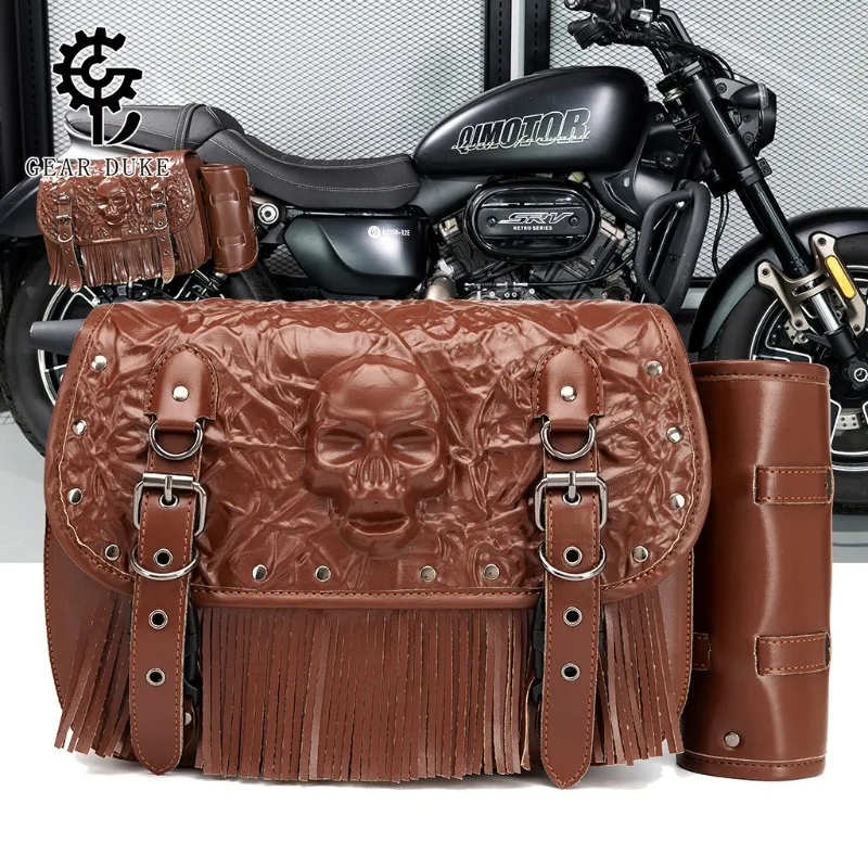 

Retro Western Tassel Motorbike Luggage Bag Rivet Skull Waterproof Side Storage Saddlebag Fit Cafe Racer Honda Yamaha