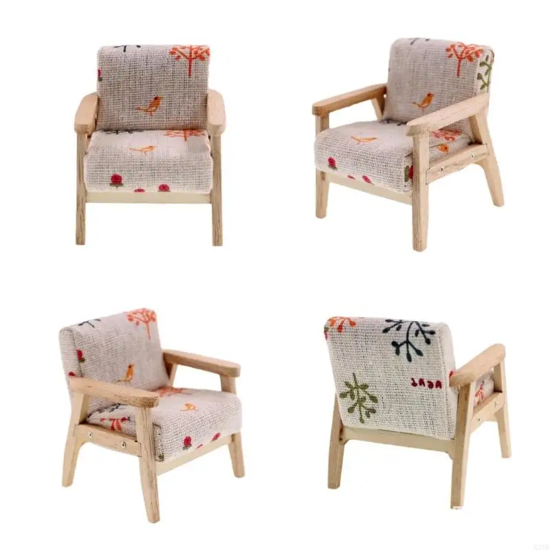 1/12 Scale Dollhouse Miniature Single Arm Chair Mini Wooden Fabric Frame Reading Chair Artificial House Room Scene Couch Model view 5