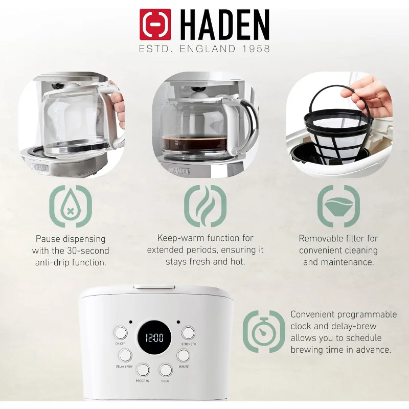 Haden Heritage 4 スライス ワイド スロット ステンレススチール トースター 12 カップ プログラム可能なドリップ コーヒー メーカー コーヒー マシンとバンドル、アイボリー