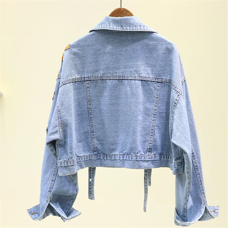 Imagem -02 - Outono Denim Jaqueta Feminina Flores Bordados Lantejoulas Jeans Cabolsa Solto Manga Longa Casual Estudante Roupas Curtas Streetwear H302