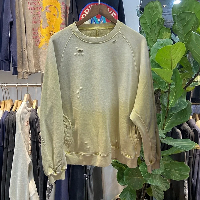 Super Way Grey Yellow Gradient Fleece Sweatshirt Loose Washed Crewneck with Hole Unisex Comfortable Streetwear AL027#