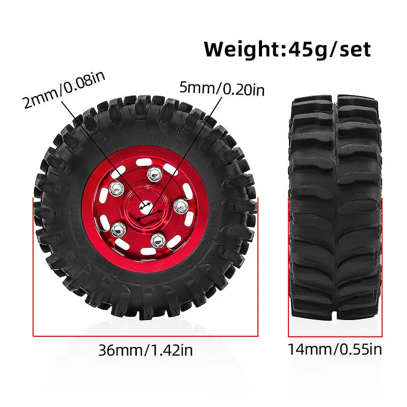 Metal Beadlock RC Crawler Wheel Tire Set 0.7 Inch 36*14mm For 1/30 Axial SCX30 Bronco Jeep Wrangler K10 Ascent-32