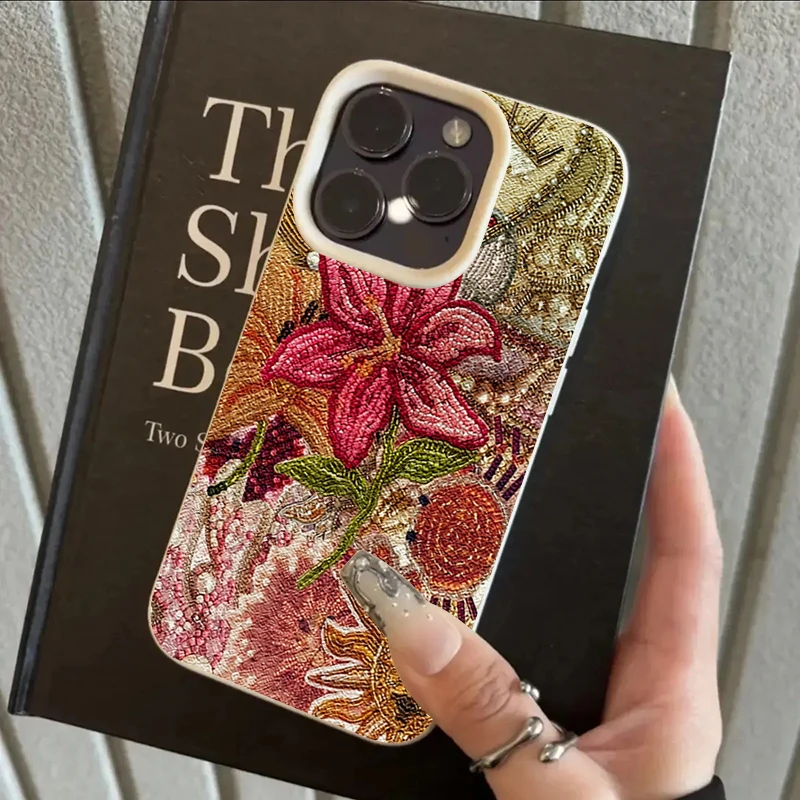 2D Vintage Heavy-Duty Beaded Embroidery Floral Sun Design Phone Case For iPhone 18 17 16 15 14 13 12 11 Pro Max Plus XS XR Cover
