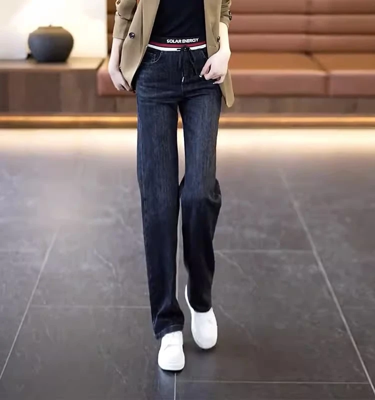 

High Waist Wide Leg Jeans Women's Casual Straight Cut Bla Slim Fit Elastic Waist Cotton Stretch Denim Fall Season Faion