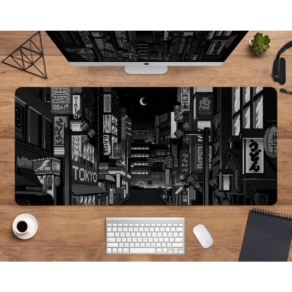 Black & White Desk mat, Japanese Neon Street deskmat, Vaporwave Anime City Pixel Art Mousepad,desk accessories desk mat