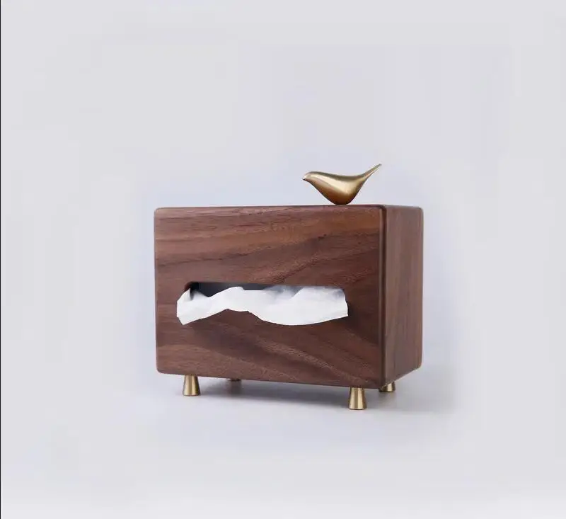 Retro Black Walnut Brass Foot Tissue Box Luxury Living Room Coffee Table Decor Rectangular Pumping Paper Tube
