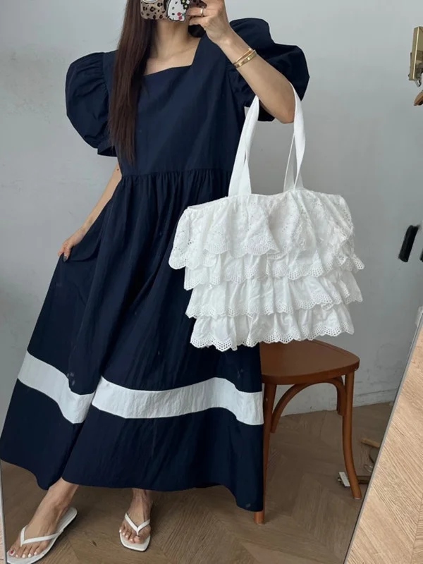 Retro Square Collar Patchwork Bubble Sleeve Dress Women's Loose Design Sensation Age Reduction Long Dress Summer Fashion