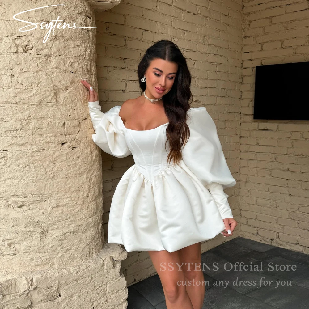 SSYTENS A Line Satin Short Wedding Dresses Long Sleeves Off The Shoulder Bridal Gowns Corset Back Custom Bride Party Gowns 2025