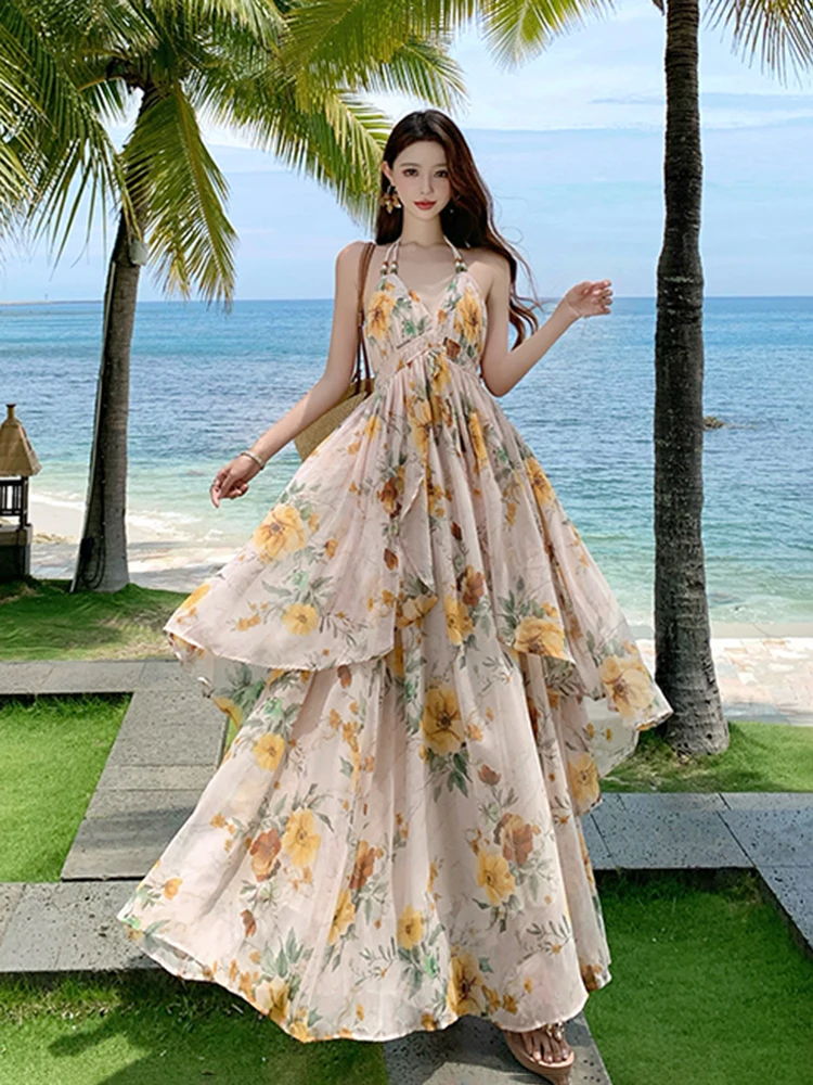 

Backless Halter Floral Women Dress Summer Beach Sleeveless Vacation Dress V Neck A Line High Waist Chiffon Female Sexy Dress
