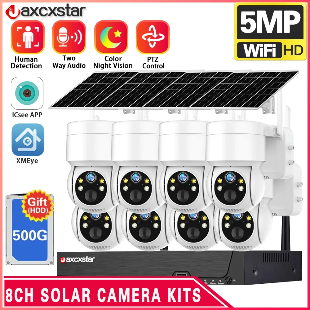 

8CH 5MP WiFi NVR PTZ Solar Power IP WiFi Camera Outdoor Waterproof 8000mAh Built-in Battery Surveillance Cam PIR Human Detection