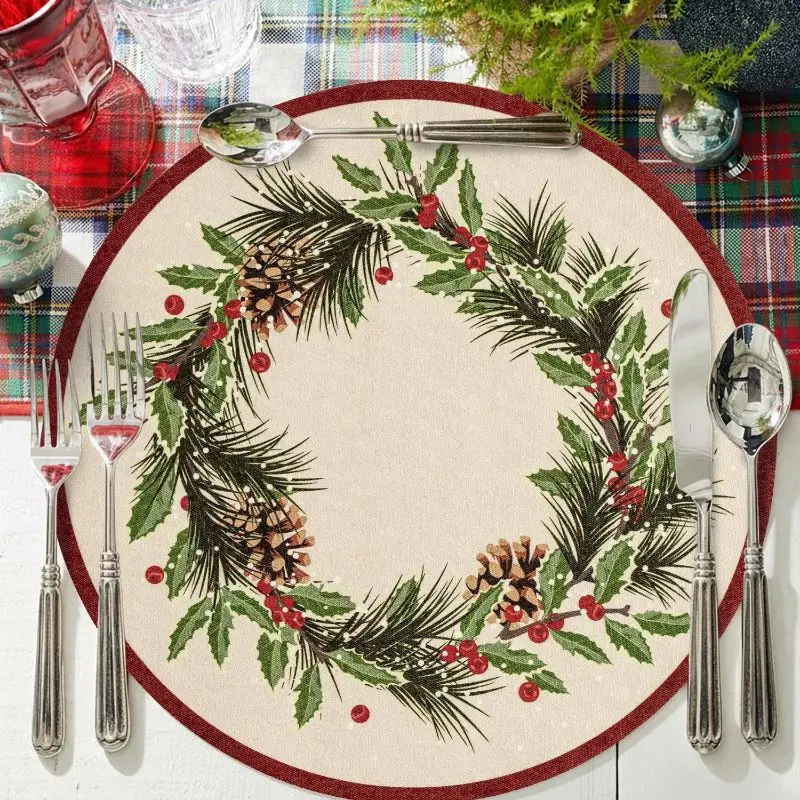 VIKAMA Round Ivory Christmas Wreath Holly Berry Pine Cone Botanical Placemat Dining Mat Kitchen Decor Durable Cozy Aesthetic