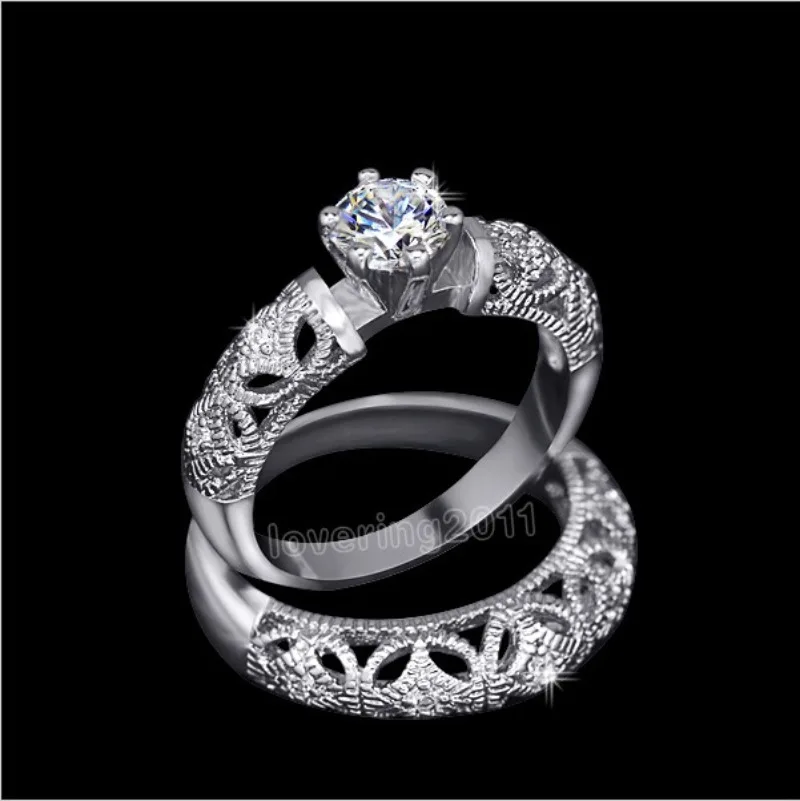 

14K White Gold Vintage Lovers Lab Diamond Ring Sets Jewelry Engagement Wedding Band Rings for Women Party Bijou