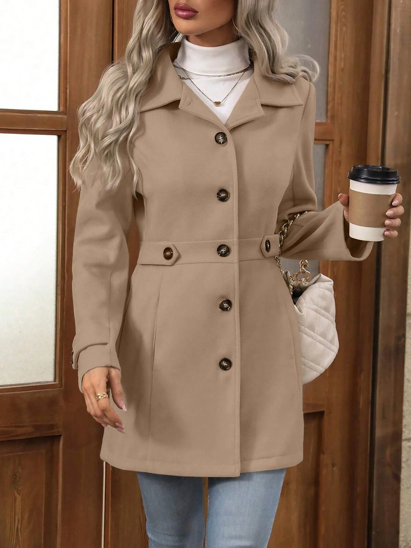 2025 Autumn Winter New Mid-Length Woolen Coat with Turn-down Collar And Buttons Slim Fit Elegant Cross-Border Fashion
